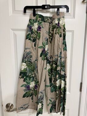 Zara Woman Beige-Striped Pants with Green Leaf Print